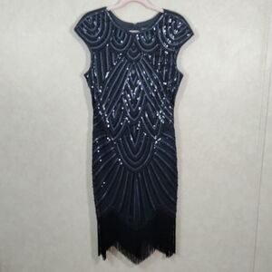 H151 Babeyond black beaded, sequin & fringe 20's style cocktail dress L